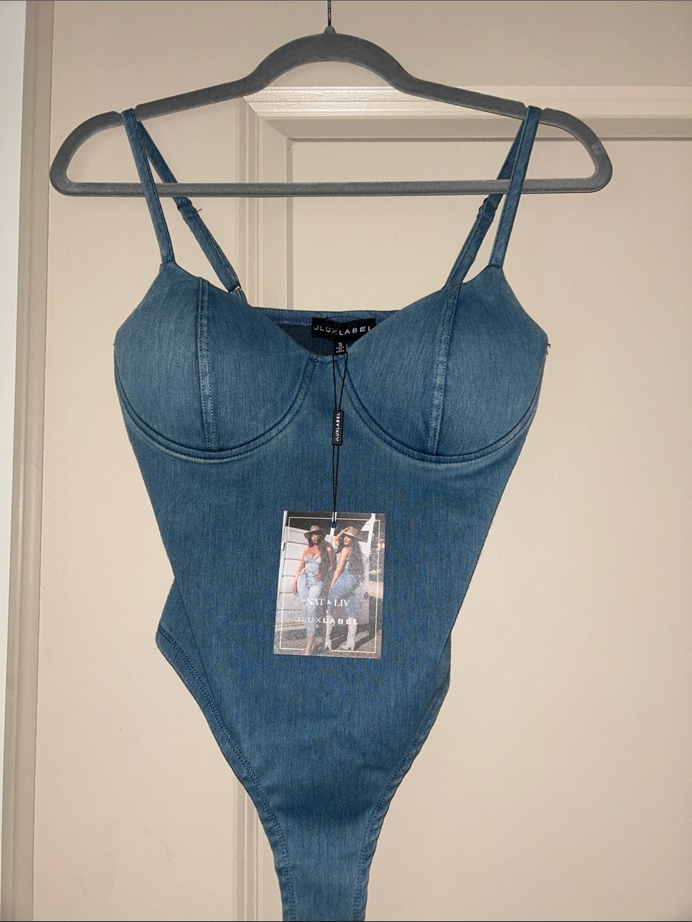 JLUXLABEL Light Blue Denim Bustier Bodysuit